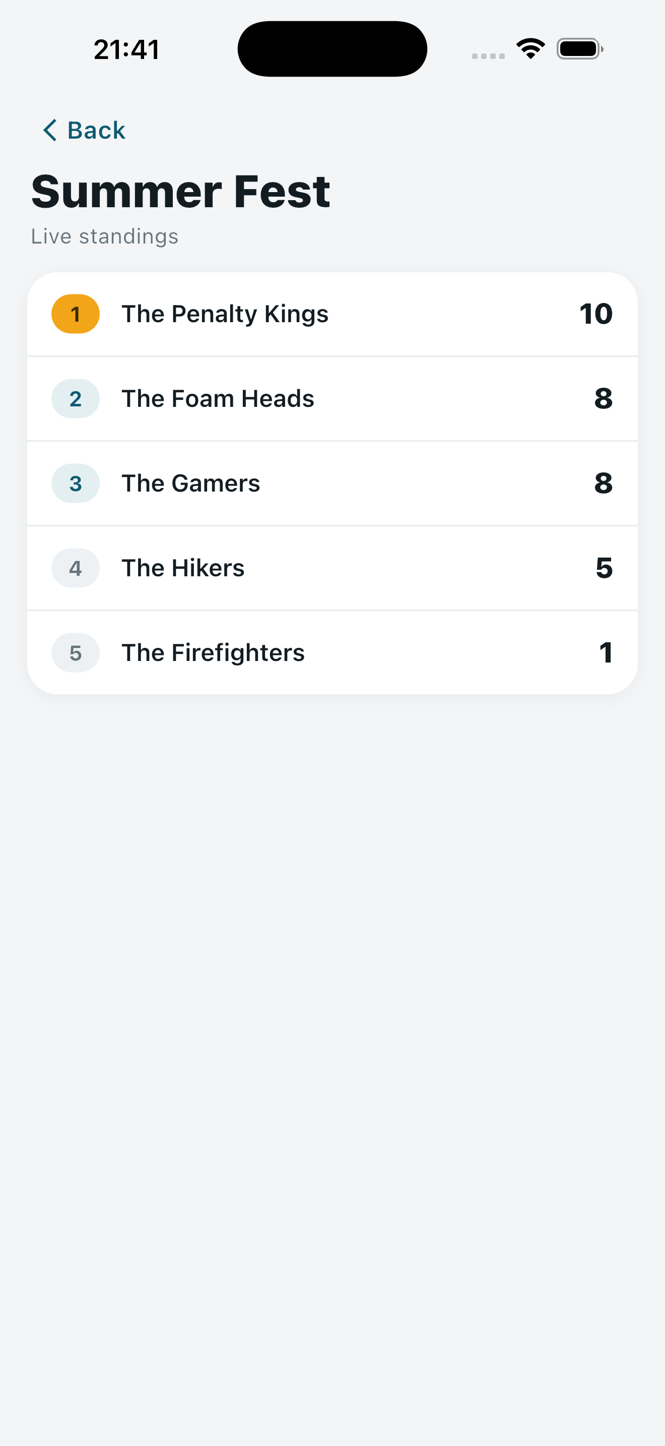 Bar Battle public scoreboard on a phone: live team standings, shared via link or QR code
