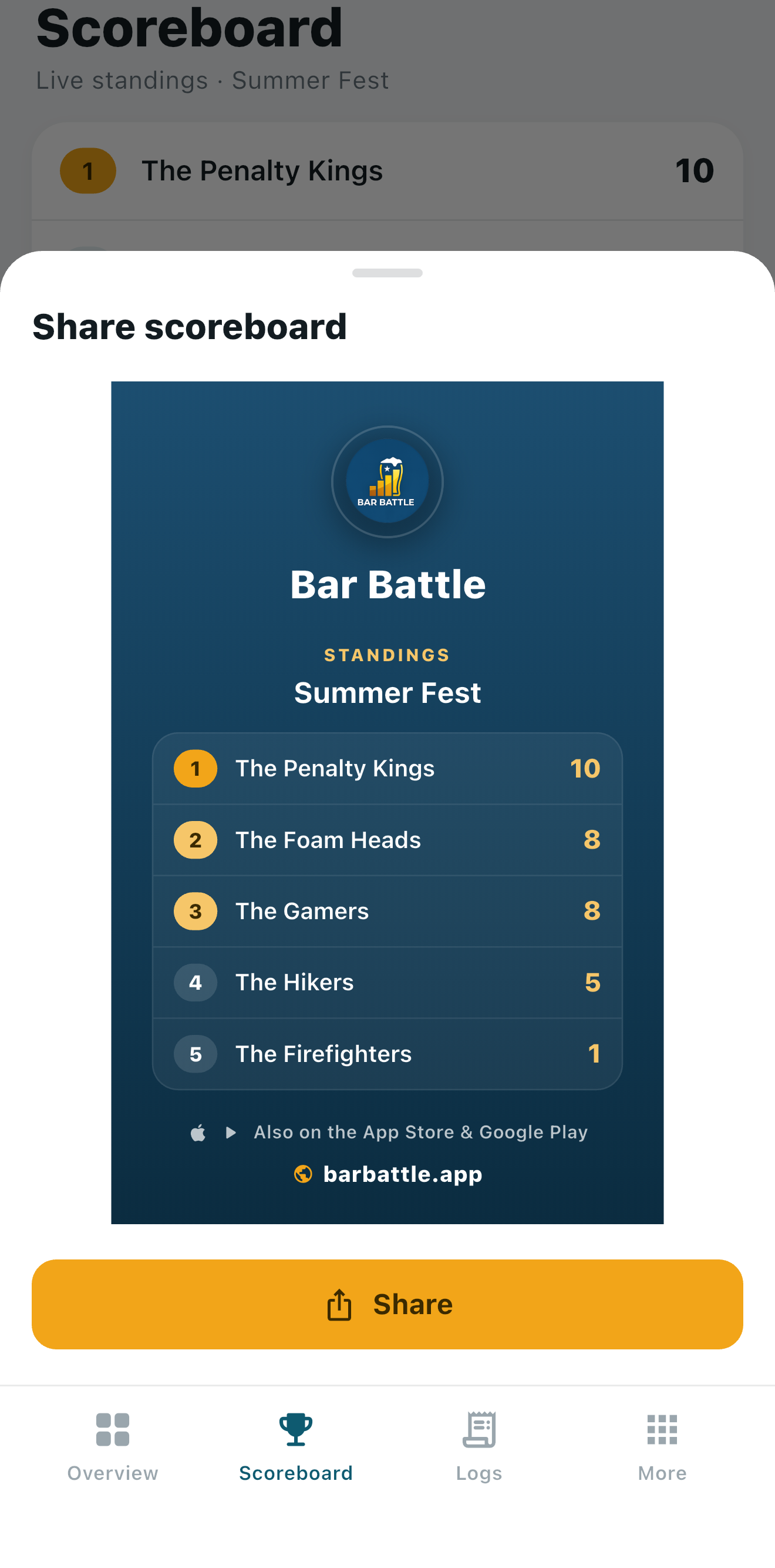 Bar Battle app: sharing the standings as an image via WhatsApp, Messenger or SMS